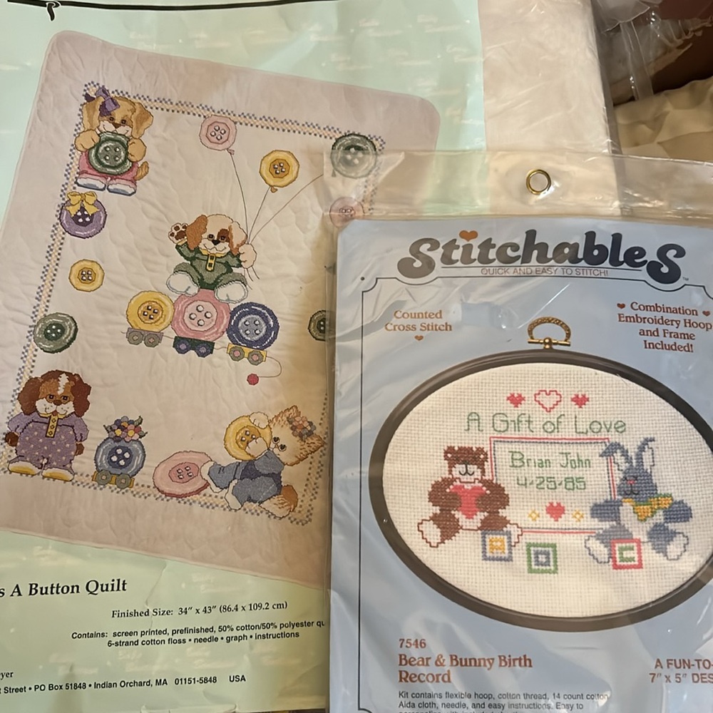NIP Complete Baby Quilt Kit Cute As A Button + NIP Birth Record Kit Cross Stitch